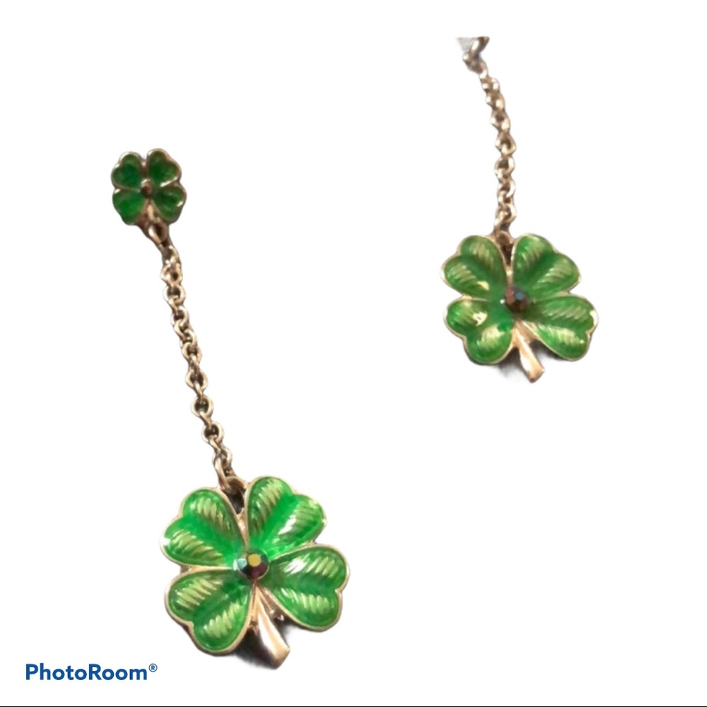 Green Lucky‎ Clover Shamrock Dangle Grandmacore Earrings - Picture 3 of 3